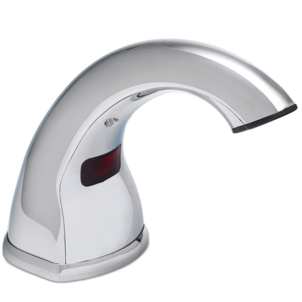 A sleek, curved chrome faucet with a sensor panel on the front, designed for hands-free operation. PURELL® CX10™ Chrome Counter Mount Soap Dispenser (12.5 in. x 10.375 in. x 5.25 in., 1/Case)